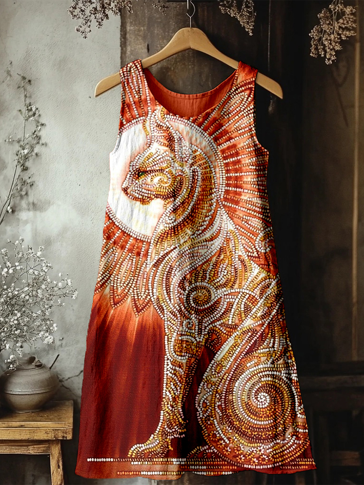 Egyptian Cat Goddess Bast Bead Embroidered Linen Midi Dress 27.99