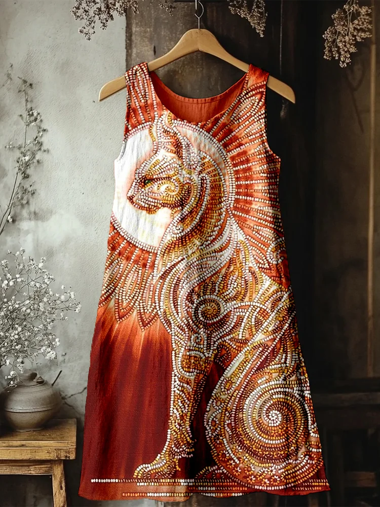Egyptian Cat Goddess Bast Bead Embroidered Linen Midi Dress