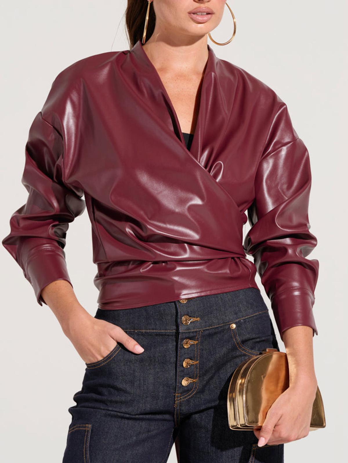 Ursime Fashion PU Leather Wrap Fold Long Sleeve Blouse