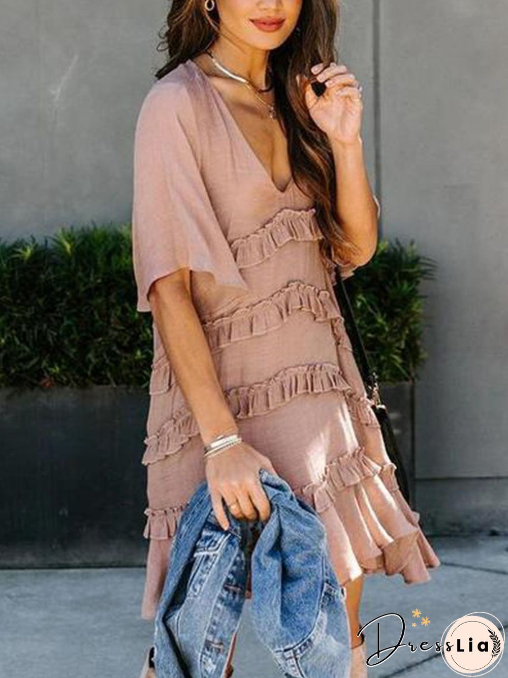 V-neck Half-sleeve Ruffle Mini Dress P16239