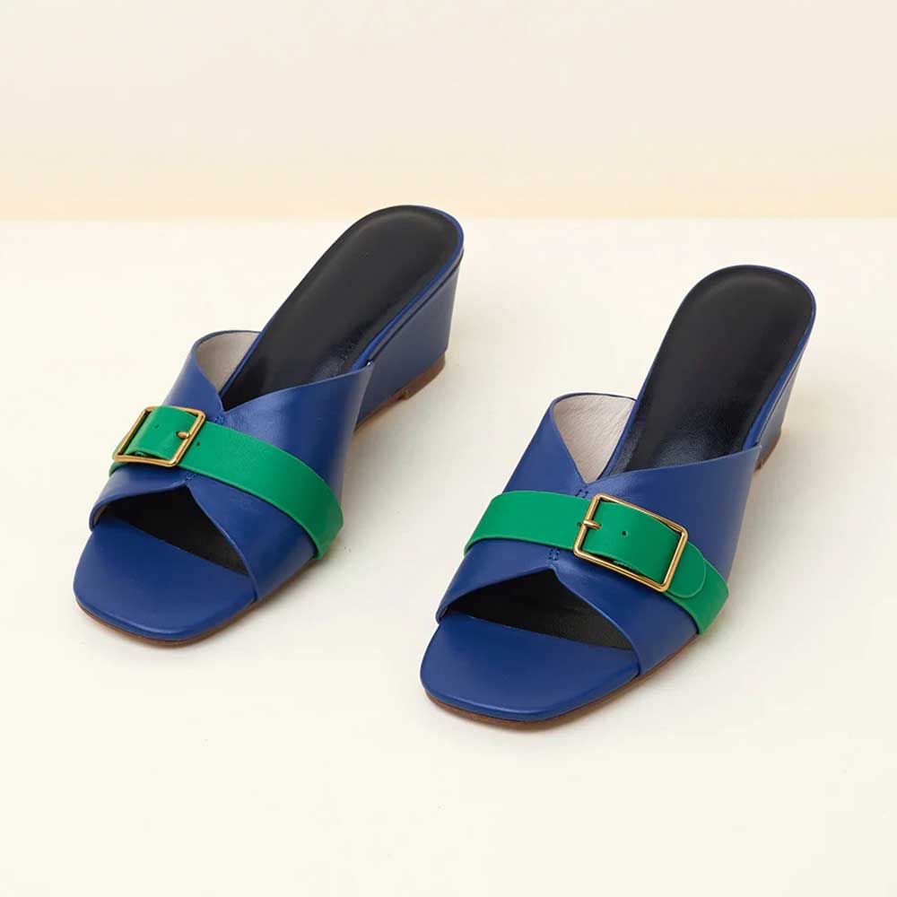 Blue Vegan Leather Square Toe Slip On Wedge Heel Women Sandals Nicepairs