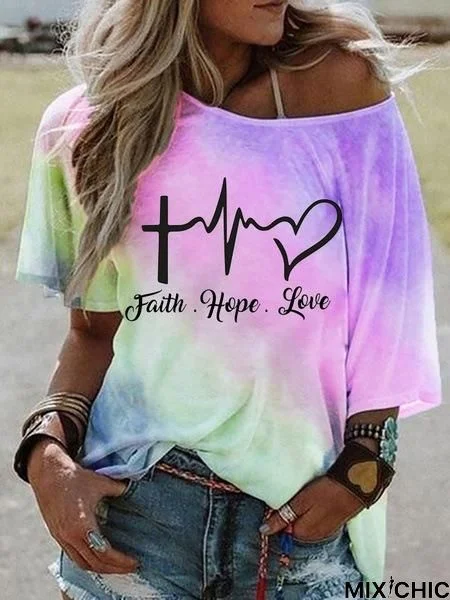 Hot-Selling Stylish Tie-Dye Gradient Print Short-Sleeved Stiletto Off-The-Shoulder Top T-Shirt