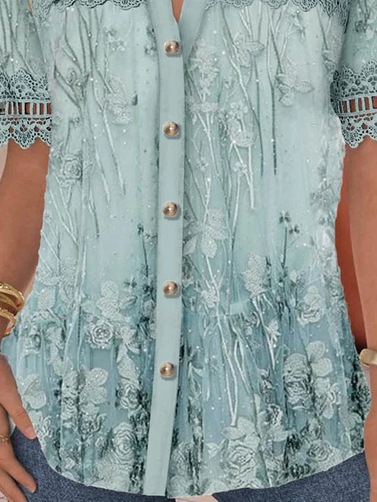 Women Short Sleeve Shirt Collar Floral Printed Graphic Lace Button Tops