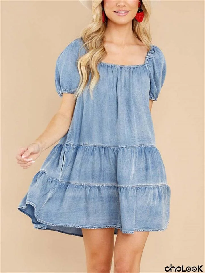 Women's Fashion Light Blue Denim Ruffled Hem Cake Dress