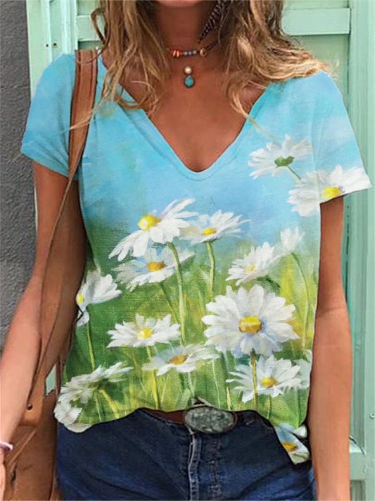 Artwishers Floral Art Painting V Neck T Shirt