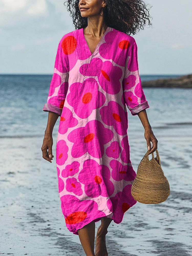 Vibrant Pink Floral Pattern Printed Women's Dress