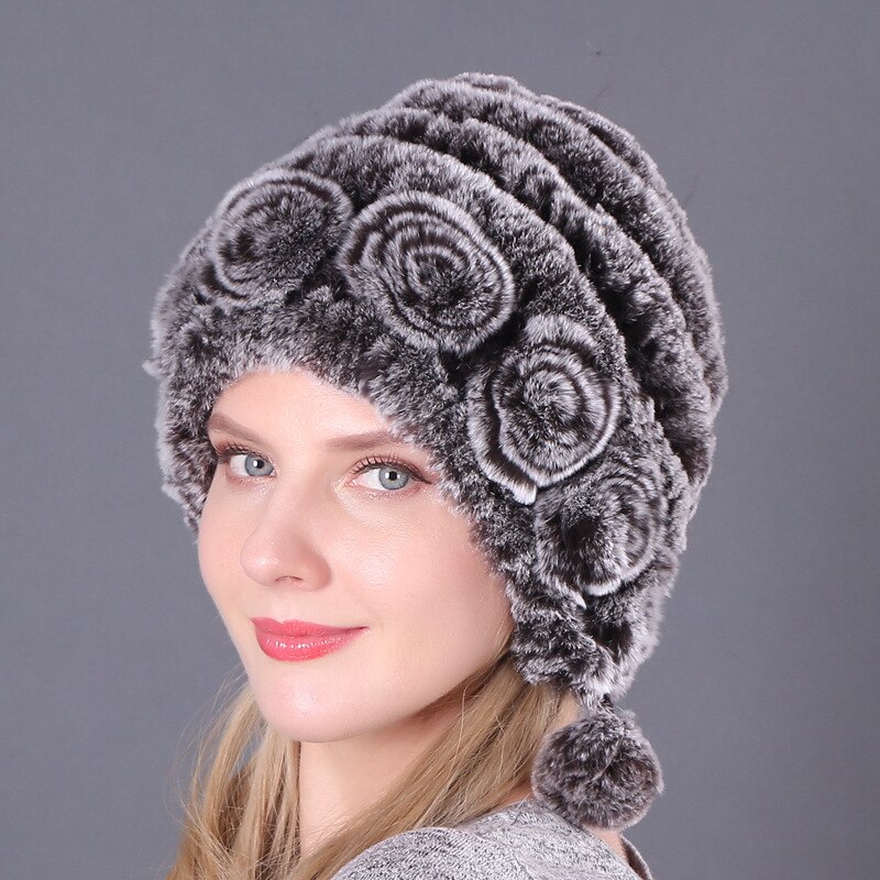 Women's Warm Flower Stripe Real Rex Rabbit Hair Hat | 168DEAL