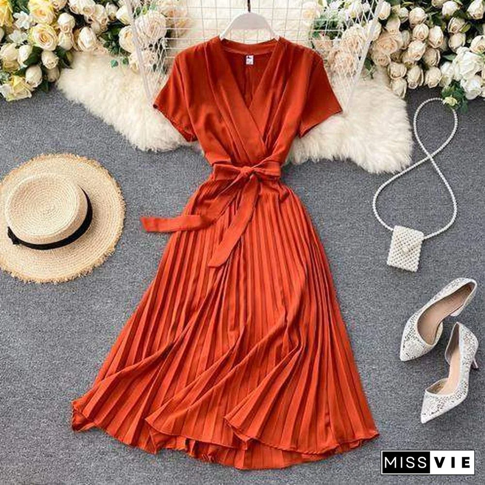 Autumn Fashion New Female Solid Pleated Dress Women V neck Short Sleeves Sashes Long Dresses Summer Streetwear Vintage