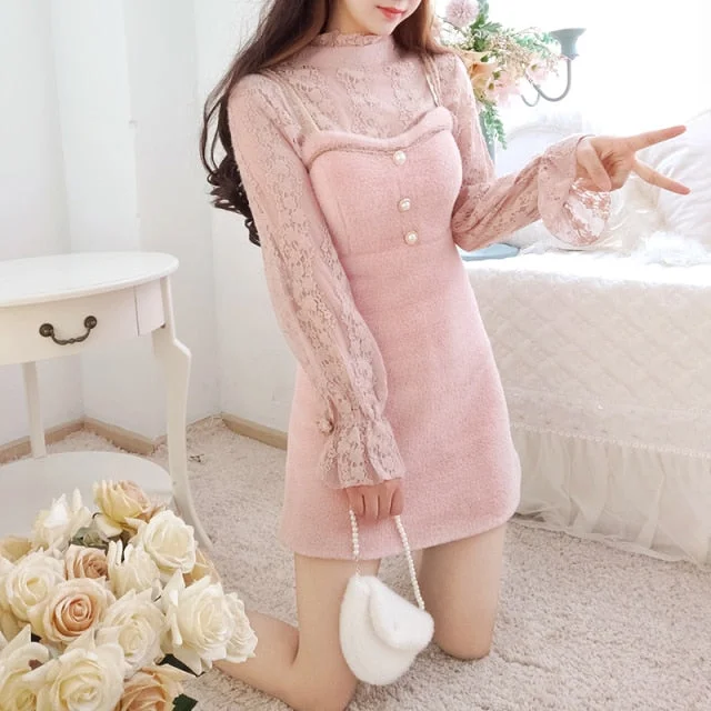 Pink/White Elegant Lace Blouse And Sling Mink Fur Dress Set SP19348