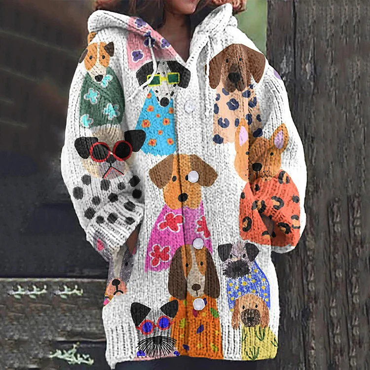 Women's Cute Dogs With Floral Art Button Casual Sweater