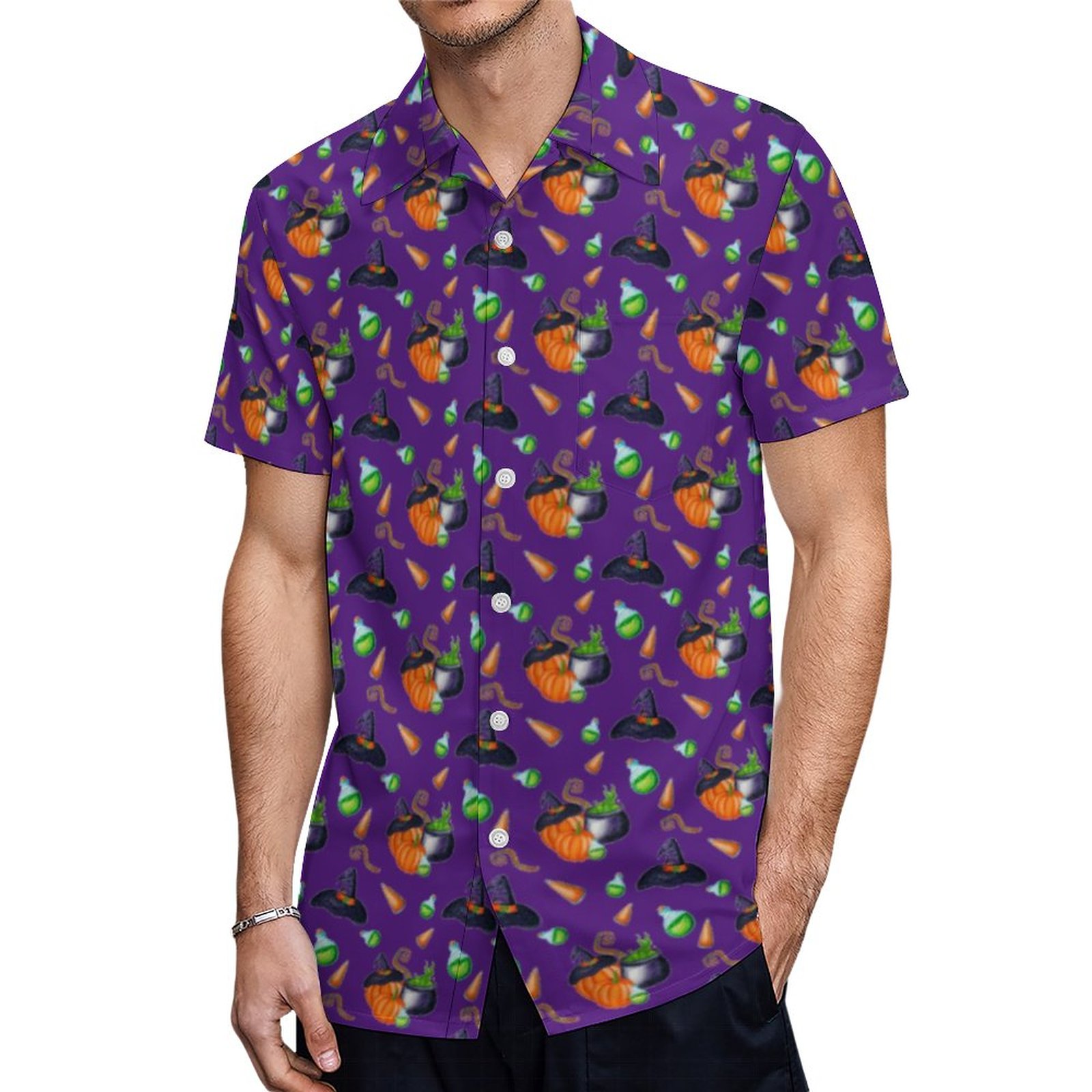 Cute Halloween Watercolor Pumpkins And Potions Hawaiian Shirt Mens Button Down Tropical Hawaii Beach Shirts