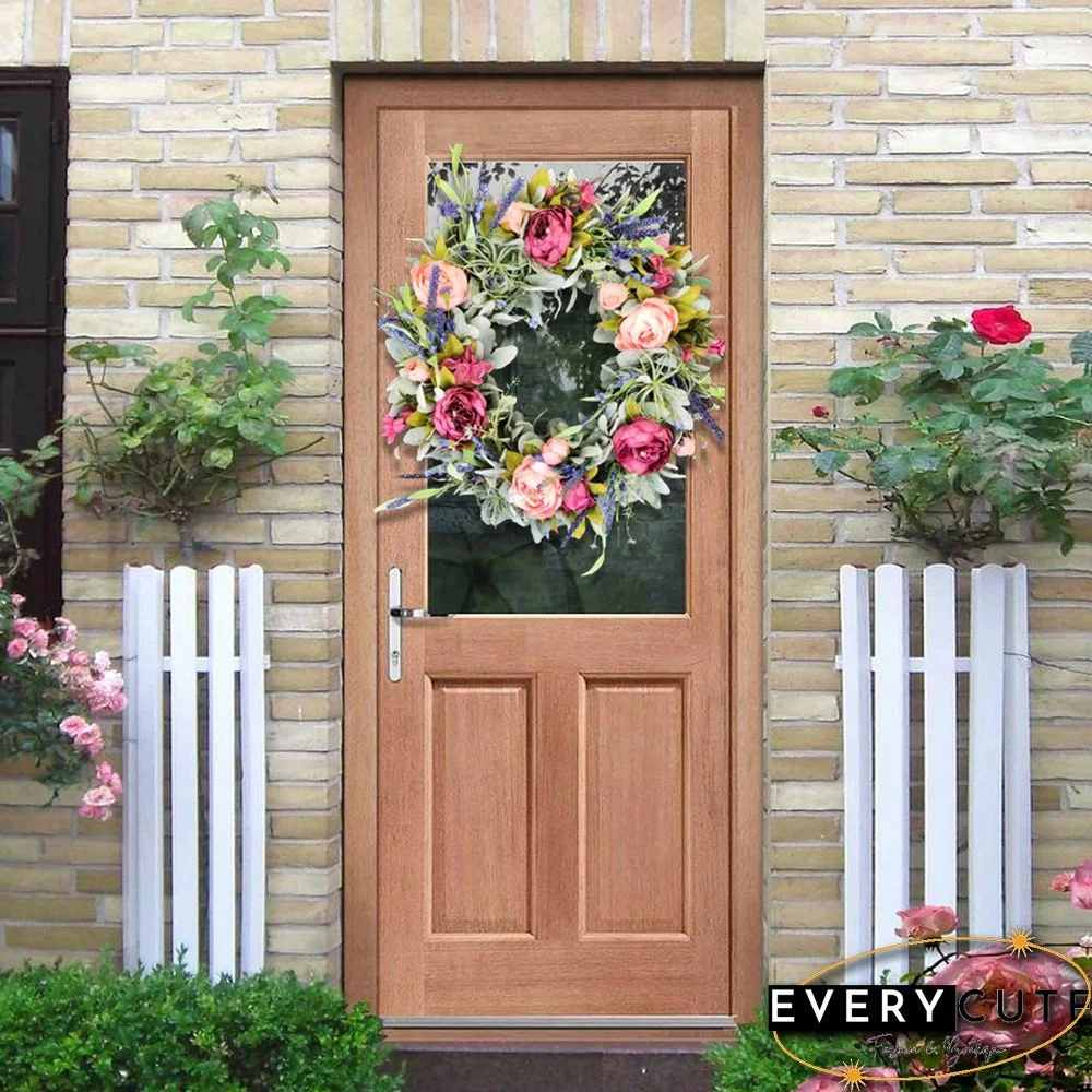 Summer peony wreath for front door - Lambs ear farmhouse wreath