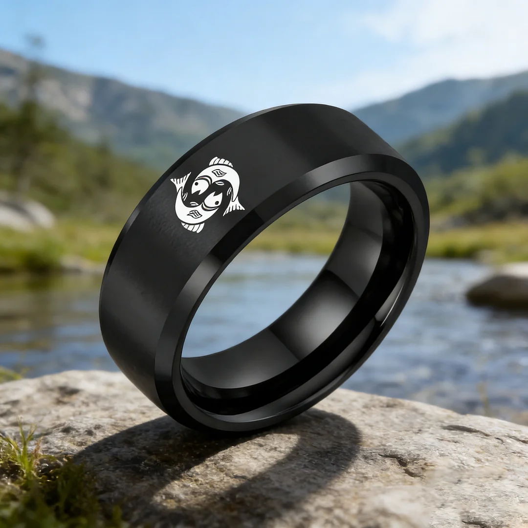 Mens Womens Black Pisces Tungsten Carbide Bands Black Edges and Laser Etched Wedding Rings Comfort Fit 4MM 6MM 8MM Width