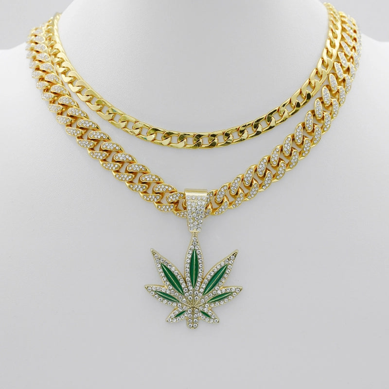 Hot Sale Fashion Hip Hop Long Twin Maple Leaf Necklace Men And Women Street Personality Diamond Stud Cuban Link Chain