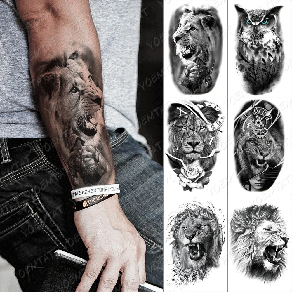 Waterproof Temporary Tattoo Wolf Lion Tiger Fierce Animal Clock Rose Owl terror Male Tatoo Body Glittering Art Woman fake tattoo