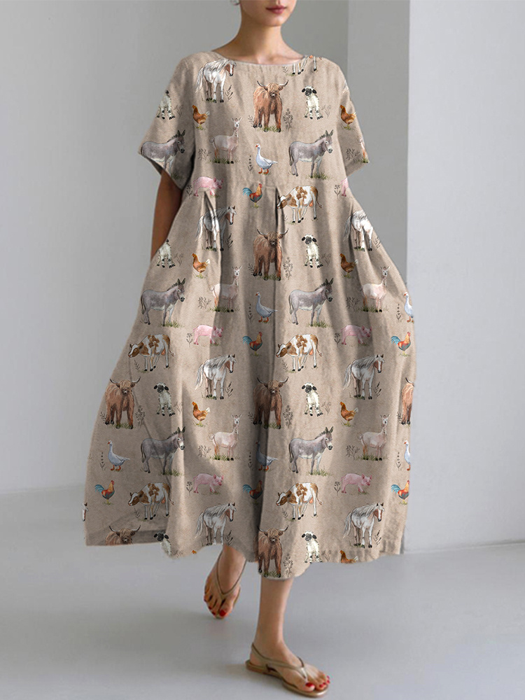 Comstylish Farm Animals Print Casual Cotton Linen Dress