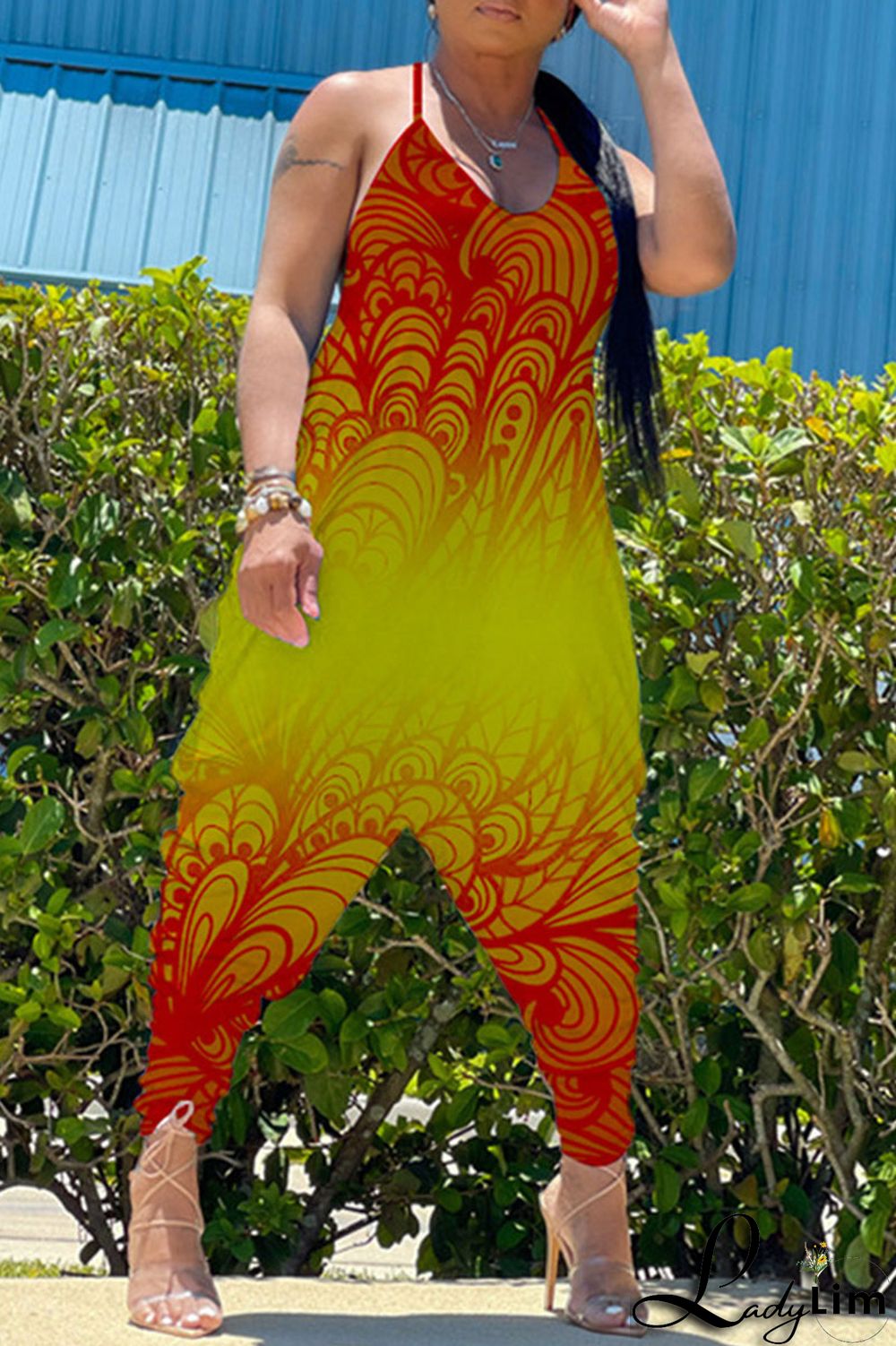 Green Casual Gradual Change Print Patchwork Spaghetti Strap Harlan Jumpsuits