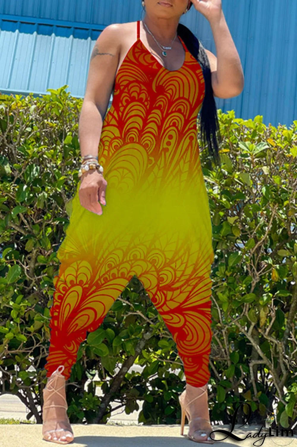 Green Casual Gradual Change Print Patchwork Spaghetti Strap Harlan Jumpsuits