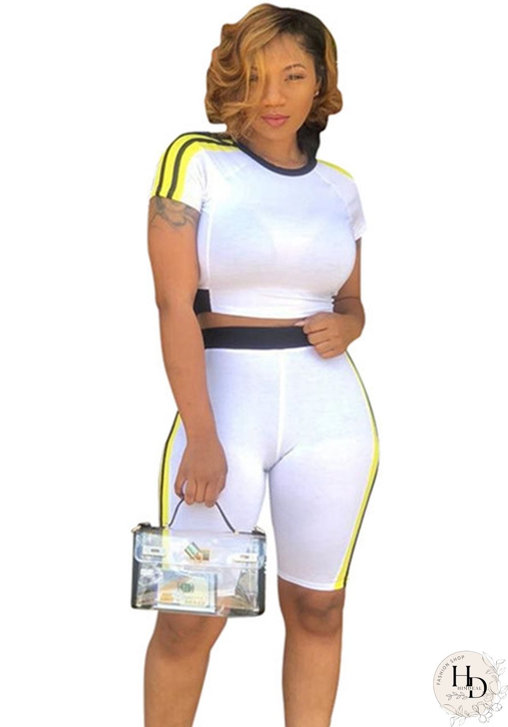 White Plain Mid Waist Elastic Waist Two-piece suit