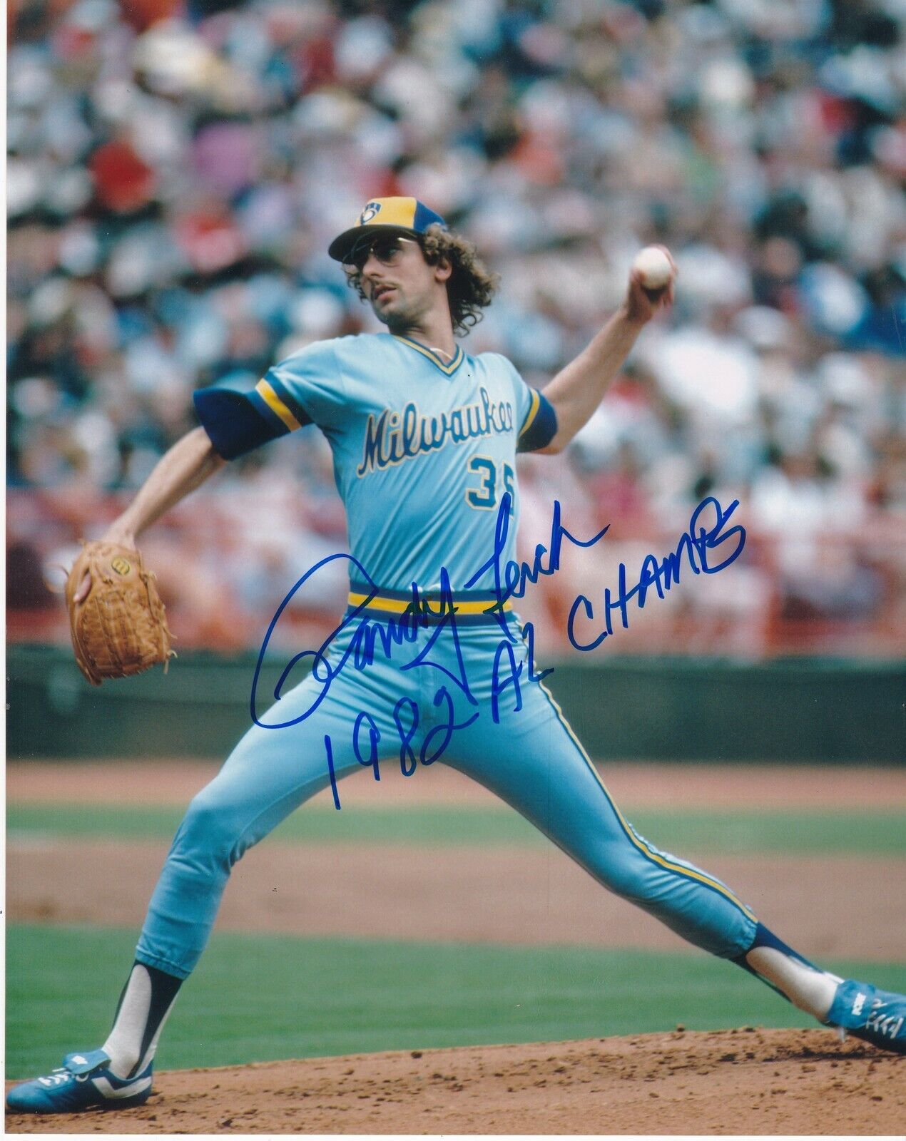 RANDY LERCH MILWAUKEE BREWERS 1982 AL CHAMPS ACTION SIGNED 8x10