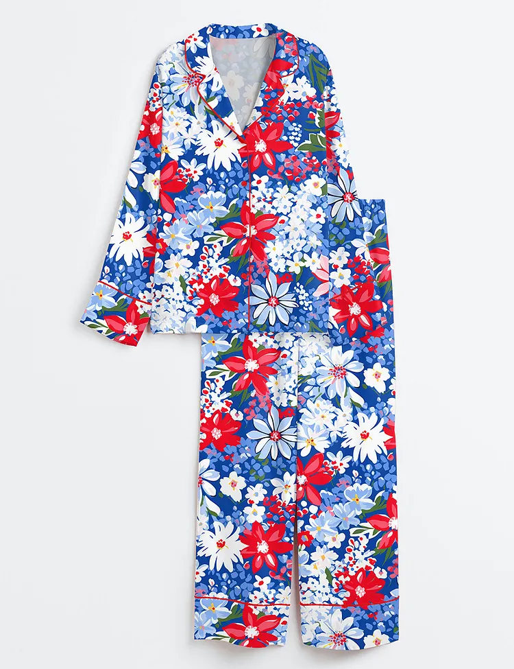 Women&rsquo;s Red White And Blue Flowers Patriotic 4th Of July Long Sleeve Satin Pajama Set