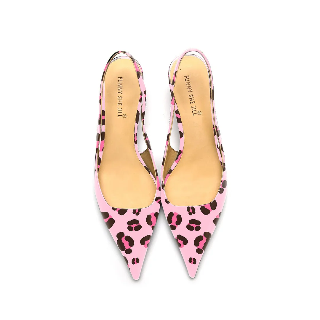 Golden Leopard Print Patent Leather Pointed Toe Elegant Kitten Heel Slingback Dress Pump Shoes