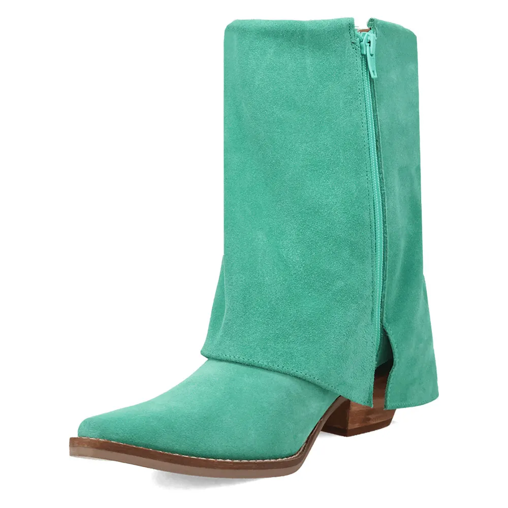 Green Vegan Suede Almond Toe Fringe Chunky Heel Fold Over Ankle Boots