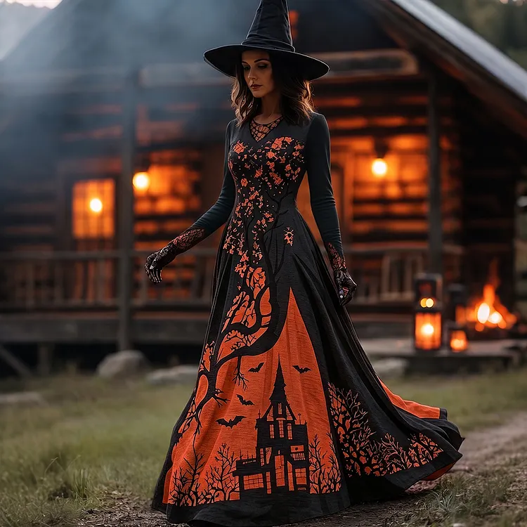 Women's Halloween Gradient Treehouse Design Witch V-neck Maxi Dress