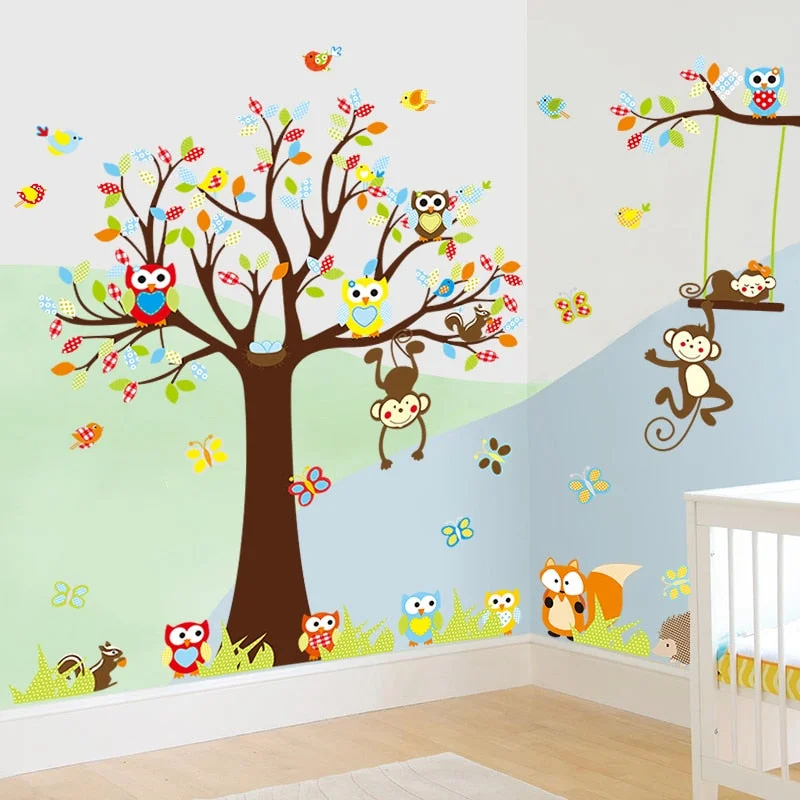 Lovely Monkey Owlet Animals with Big Tree Wall Stickers for Kids Room Playroom Home Decoration Diy Cartoon Mural Art Pvc Decals