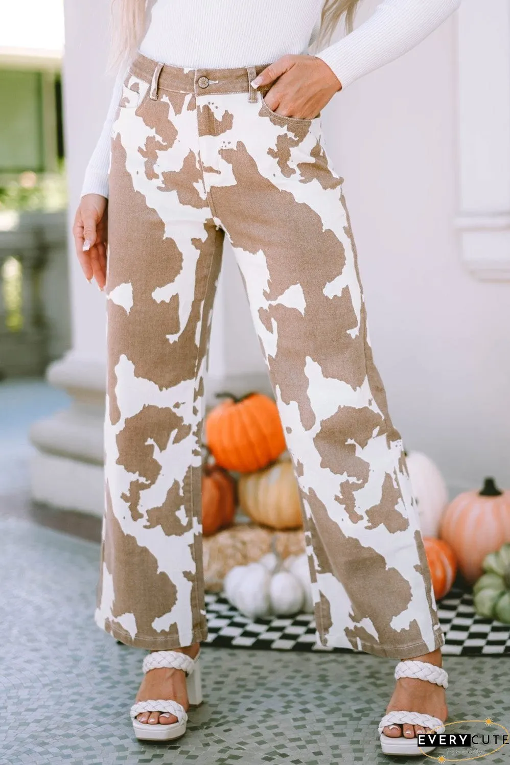 Chic Cow Print Flared Trousers