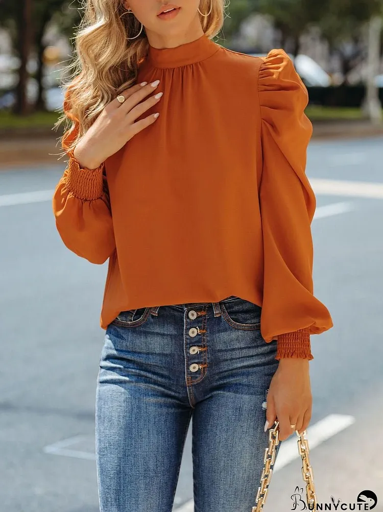 Blouses High Collar Back Belted Long Sleeves Blouse for Women