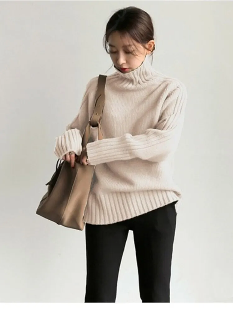 Fashion Tops Women Autumn Winter New Long Sleeve High Collar Knitted Sweater Loose