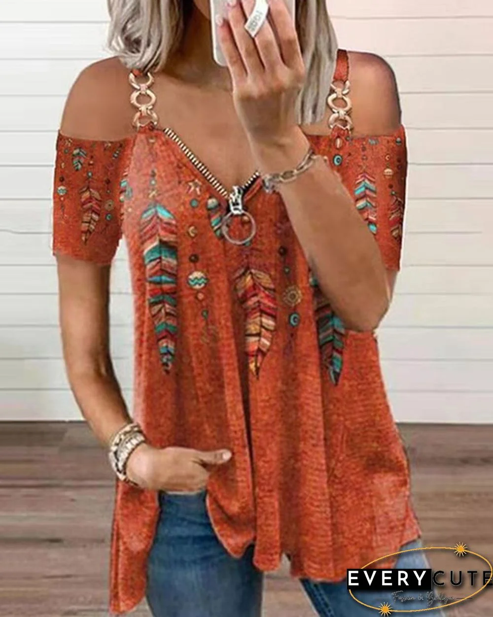 Summer New Fashion Women's Feather Printed Metal Strap Zipper V-neck Casual Strapless Short Sleeve Top Loose Plus Size Soft and Comfortable Summer T Shirt Shirt XS-5XL
