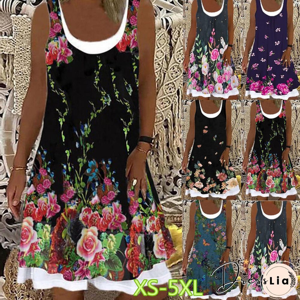 Womens Dress Summer New Fashion Flower Fake Two-piece Printed Sleeveless Round-neck
