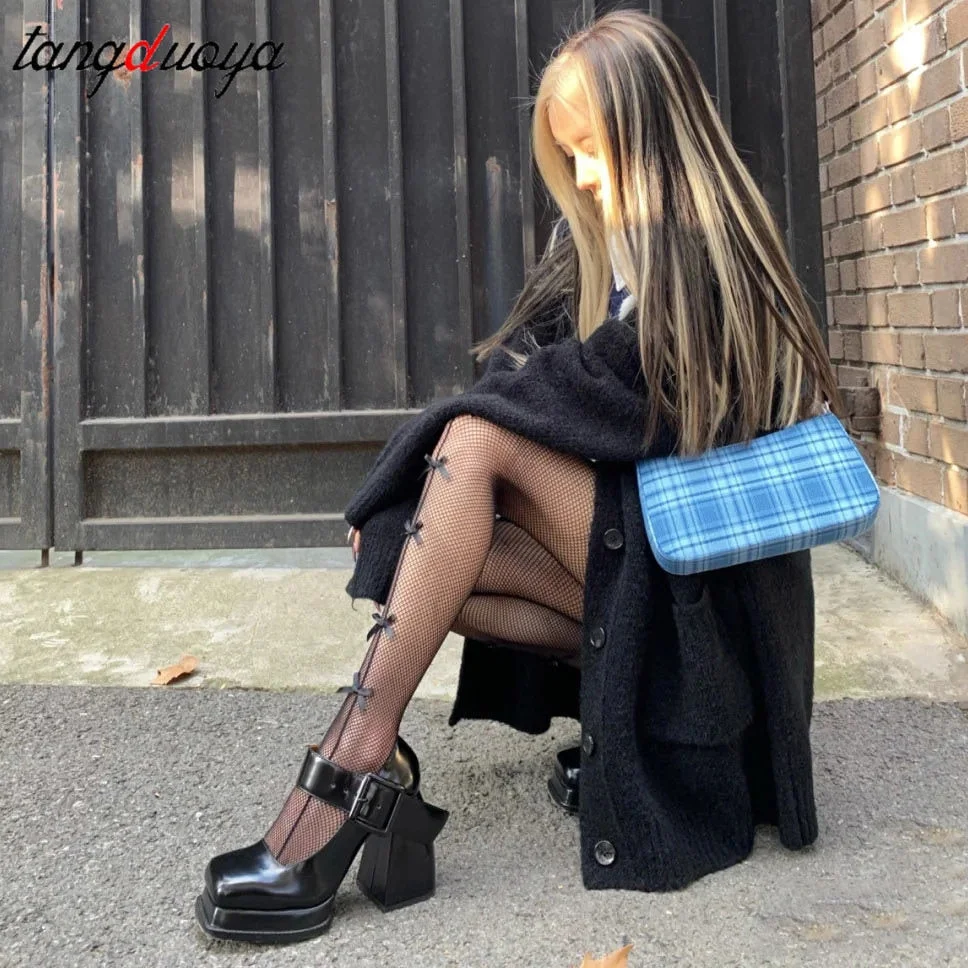 Thick Sole Mary Jane Shoes 2022 Spring Women's Square Toe Leather Shoes High Heels Velcro Wedges Party Pumps Punk Shoes