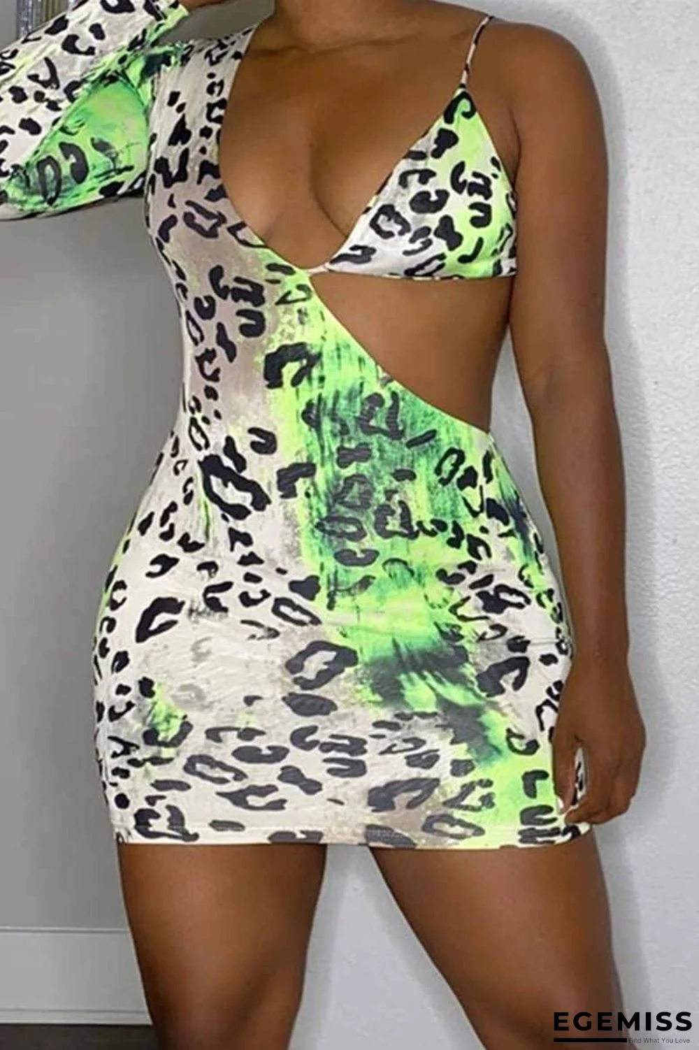 White Green Fashion Sexy Print Hollowed Out V Neck Long Sleeve Dresses | EGEMISS