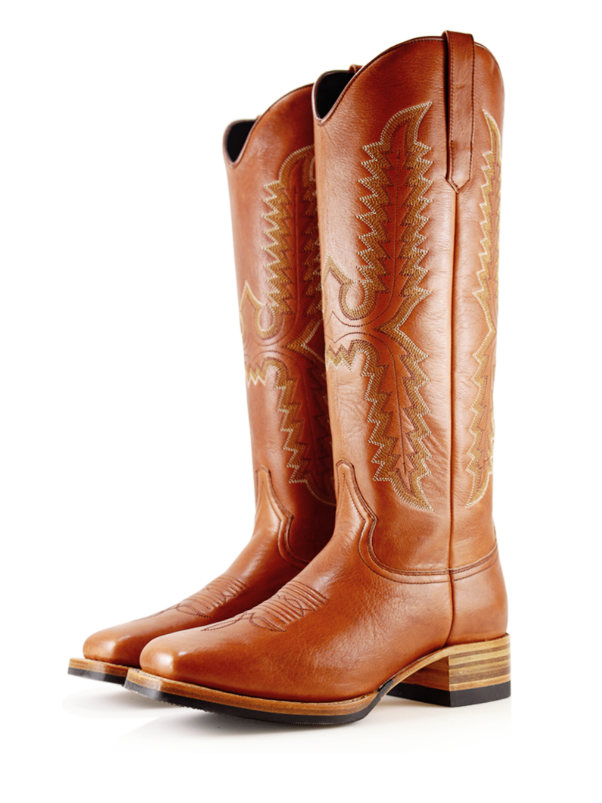Taafo Cognac Embroidery Square-Toe Wide Mid Calf Tall Cowgirl Boots