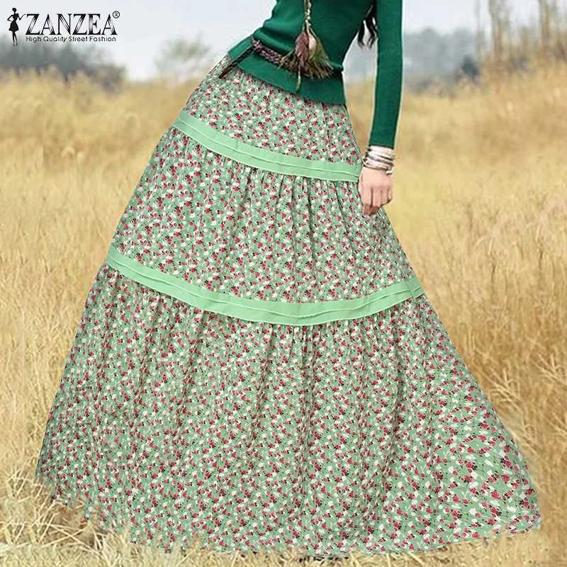 Women Printed Faldas Saia ZANZEA 2022 Summer Lace Skirts Holiday Vestidos Female Stiching Elastic Waist Floral Robe