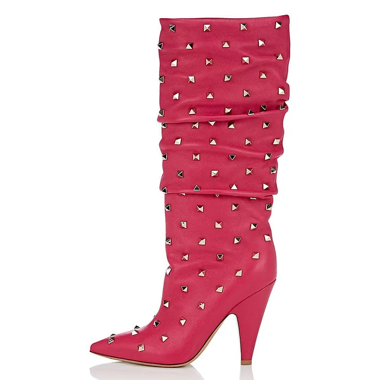 Hot Pink Rockstud Cone Heel Fashion Boots Mid-calf Boots for Women |FSJ Shoes