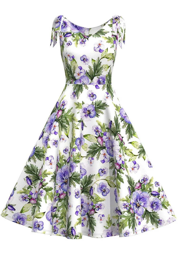 1950s White Party Lace Up Purple Floral Print Flare Swing Midi Dress [In Stock]