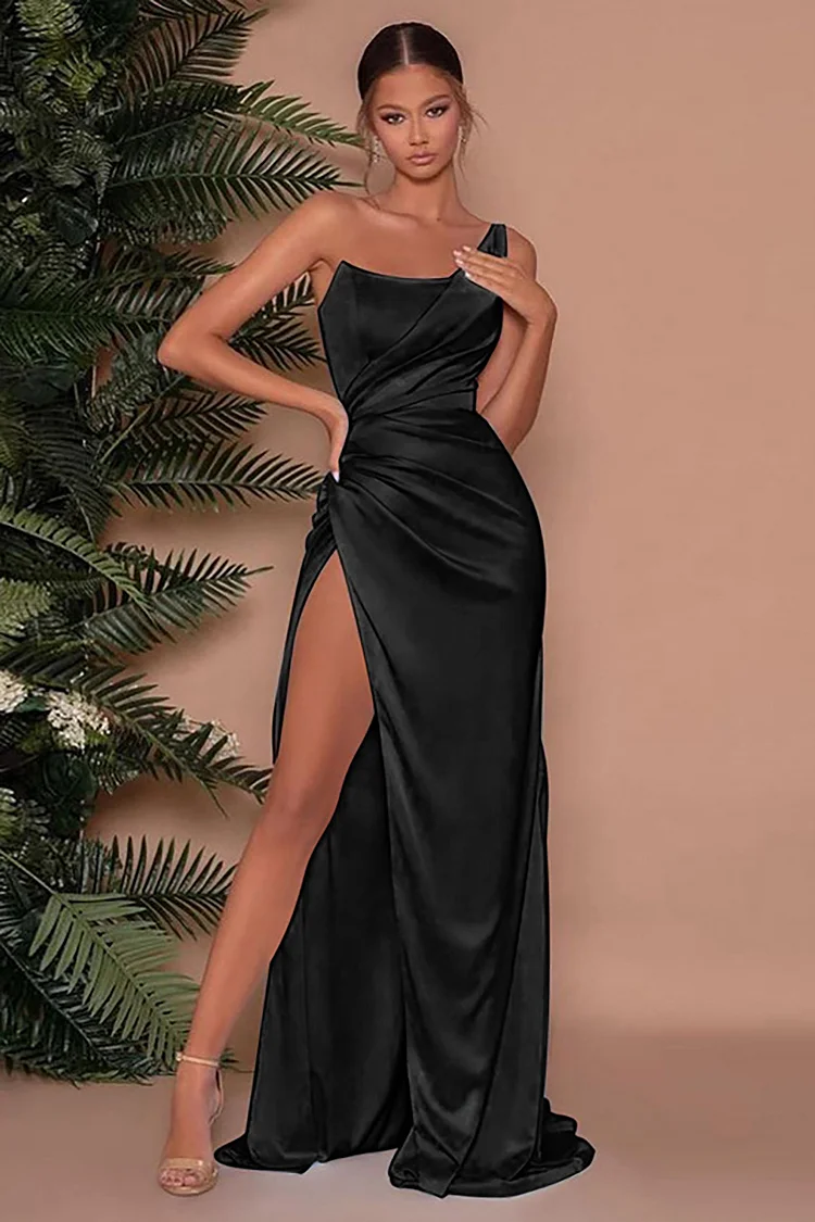 One Shoulder Irregular Neck Wrapped High Slit Formal Party Satin Maxi Dress