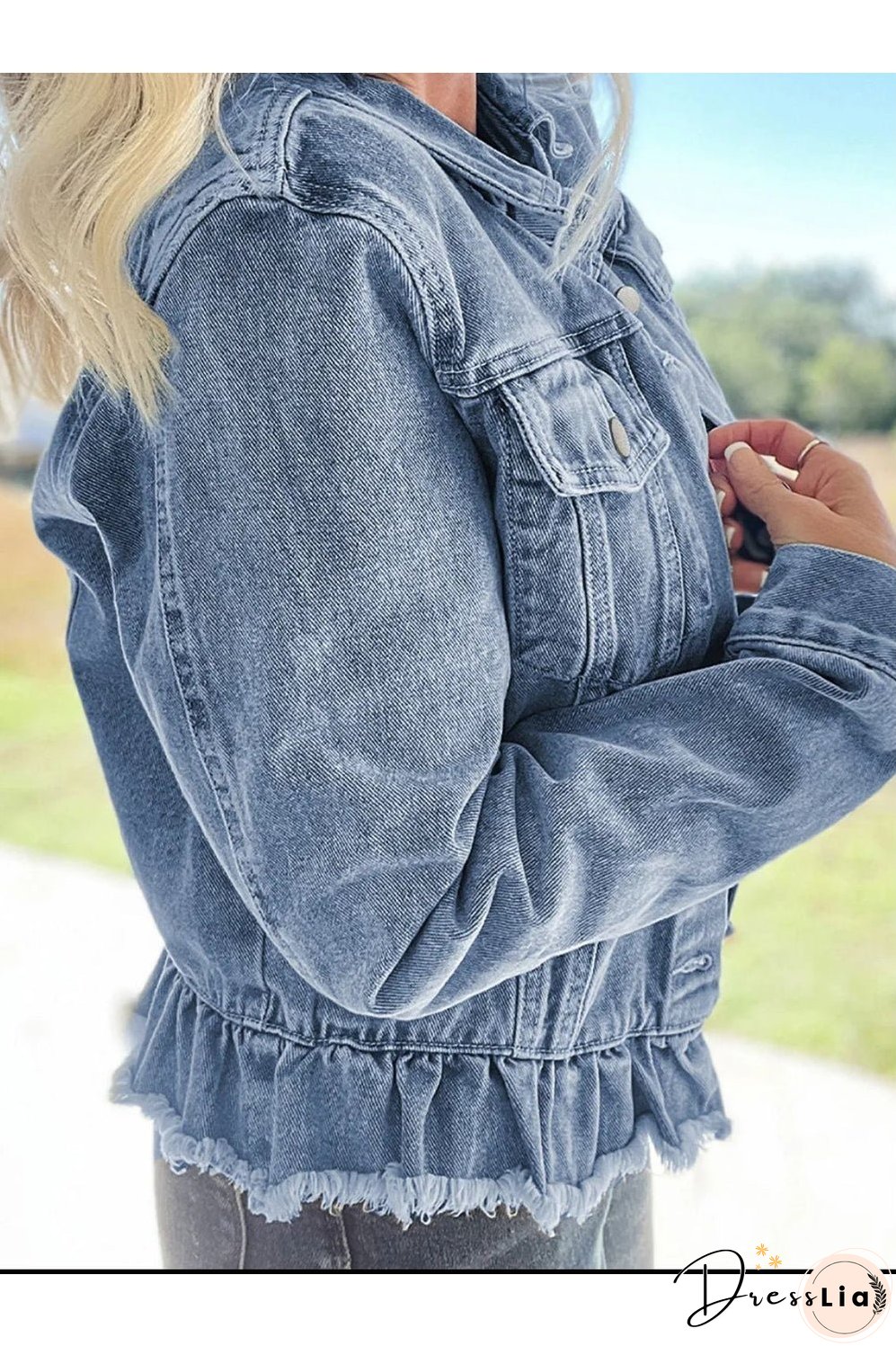 Raw Hem Long Sleeve Denim Jacket