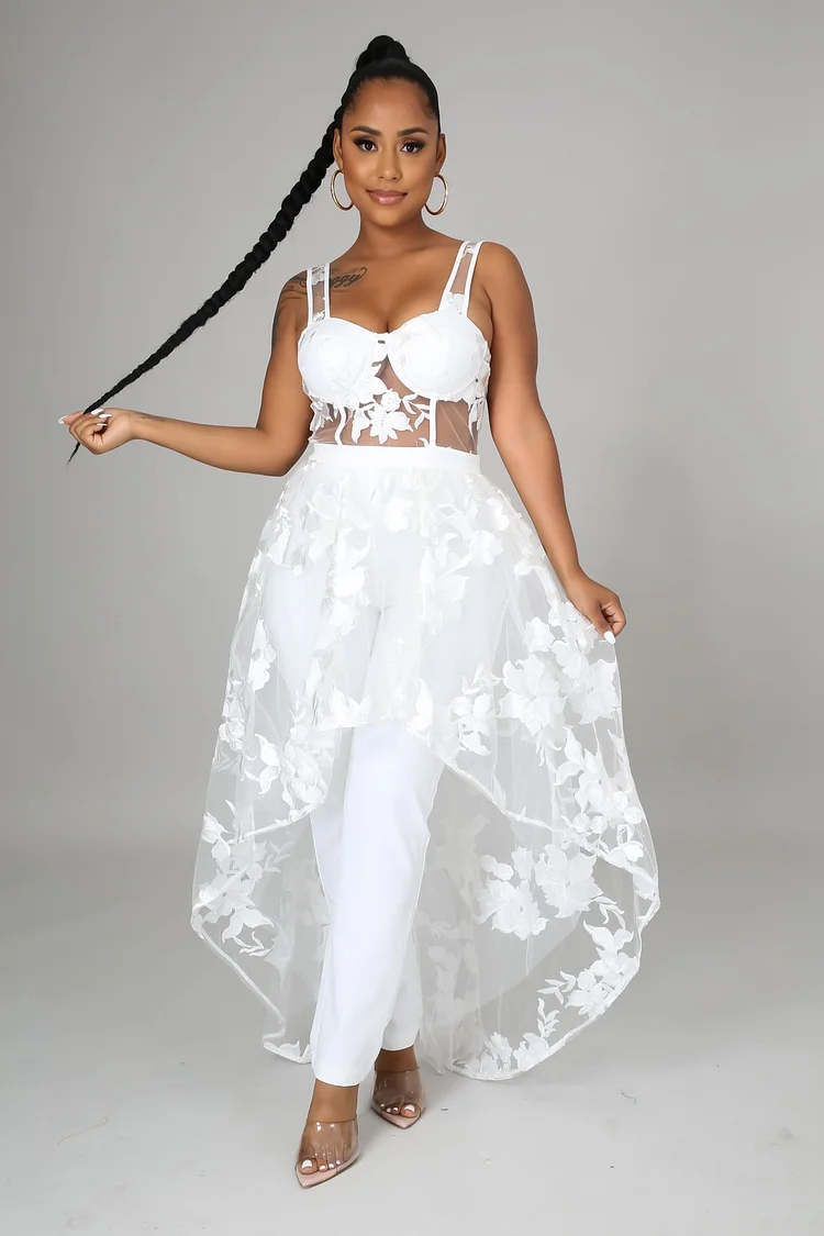 White Embroidered Floral Strap Elegant Prom Tulle Dresses