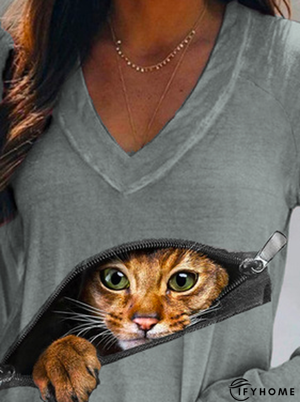 Casual Long sleeve V neck Cat T-Shirt TUNIC | IFYHOME