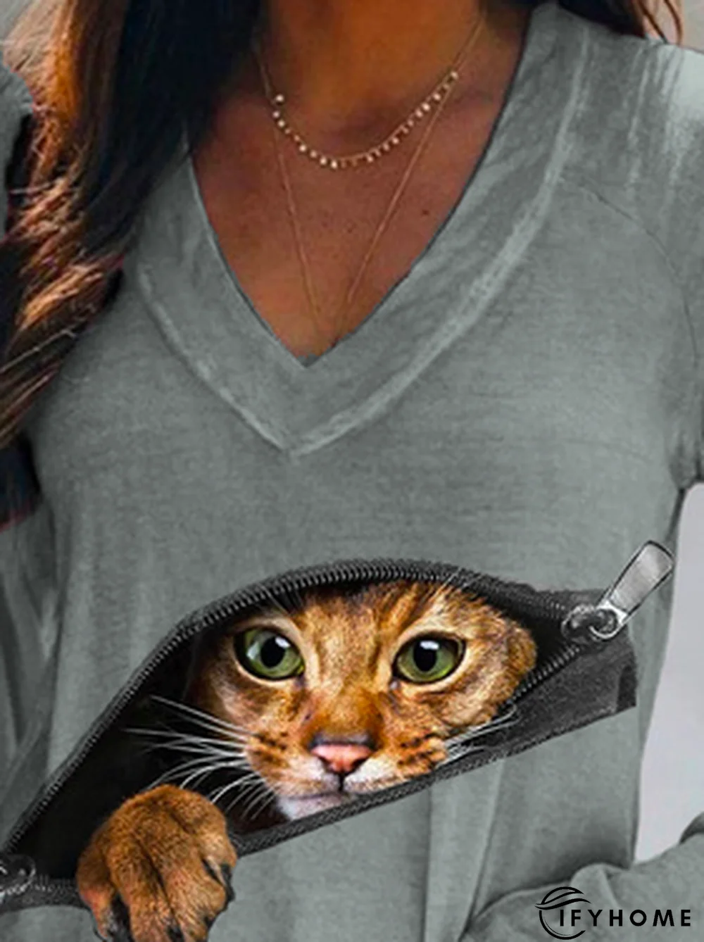Casual Long sleeve V neck Cat T-Shirt TUNIC | IFYHOME