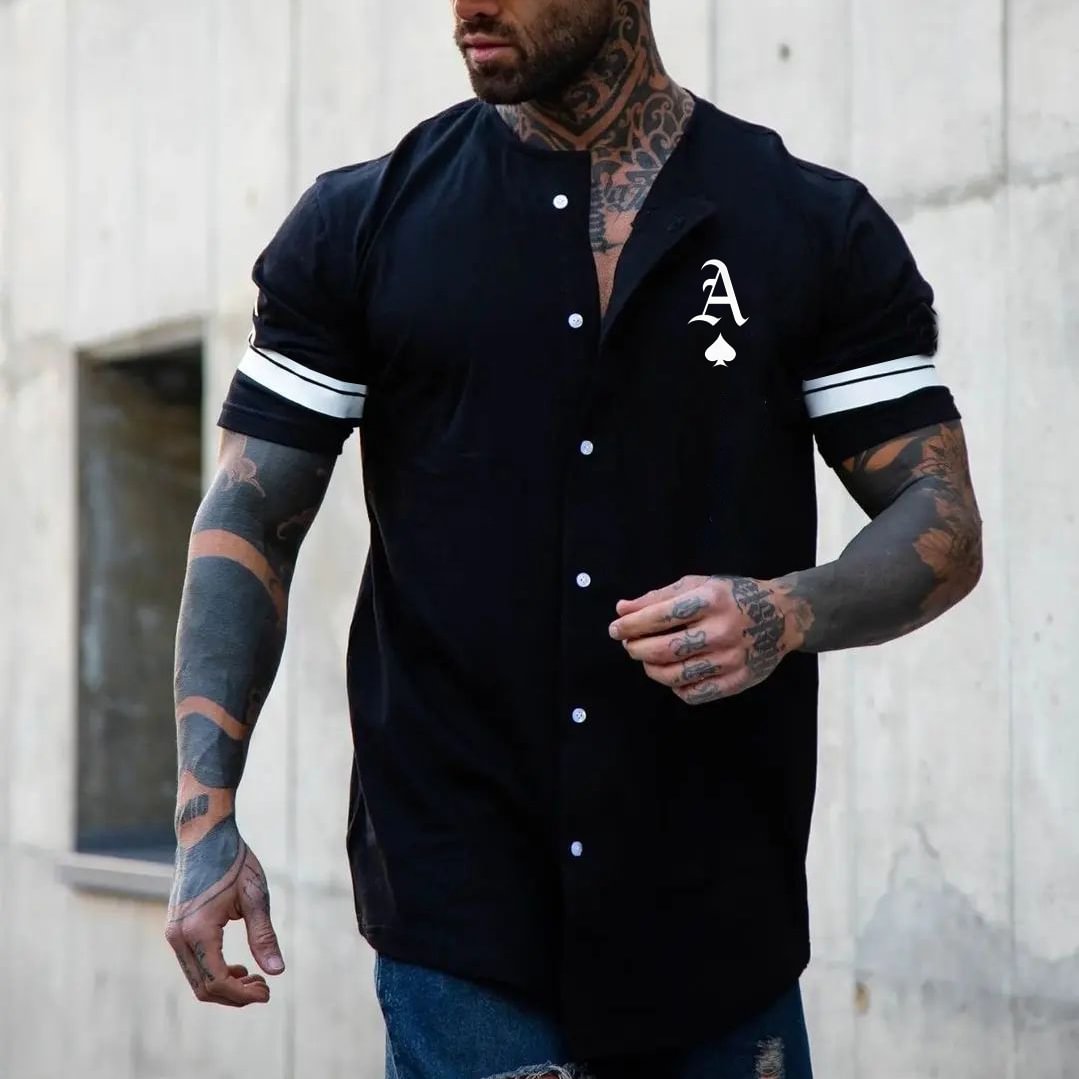 Men's Fashion Ace Print Color Matching Casual Slim Short Sleeve Shirt、、URBENIE