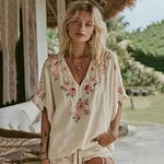 Women's Vintage Floral Art Linen Short Sleeve T-shirt - Image 2