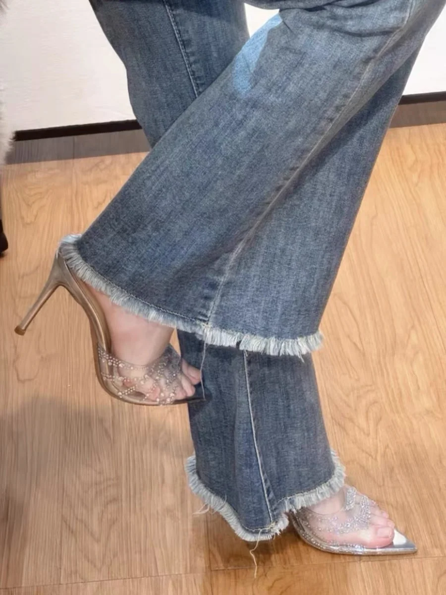 Breakj Breakj Summer New Toe Tip Drill Transparent PVC Word Drag Female Wear Fine And Silver High Heel Slippers