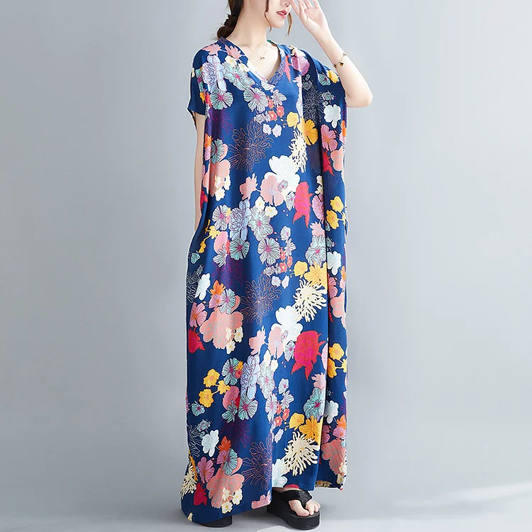 Floral Print V-Neck Midi Dress - yankia
