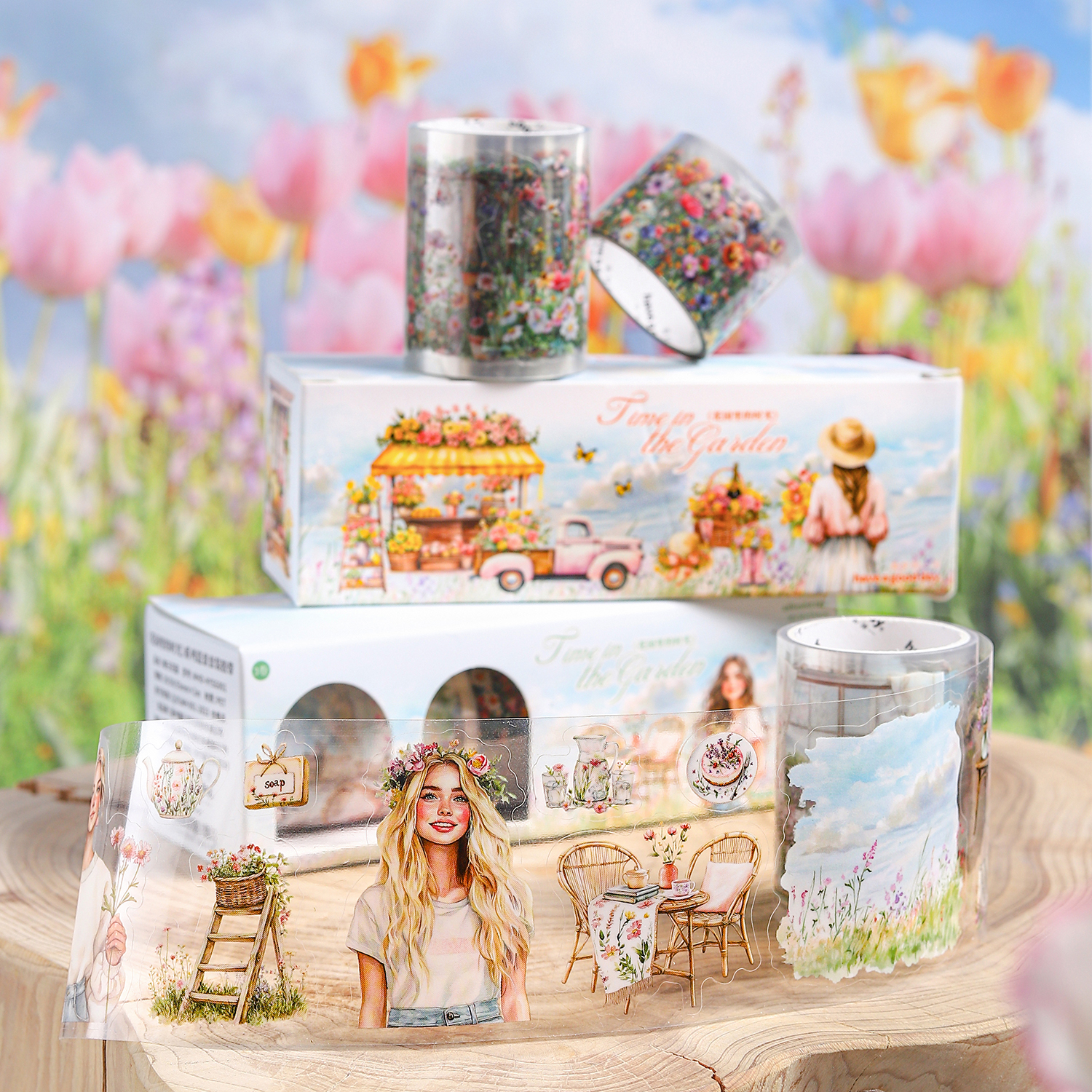 PET 테이프 - 3롤/세트 Time in The Garden 시리즈 빈티지 꽃 캐릭터 풍경